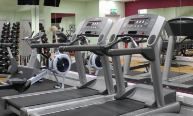 A gym, including treadmills and exercise bikes.