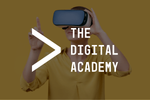 - a young person in a yellow room using a virtual reality headset with the words the digital academy across